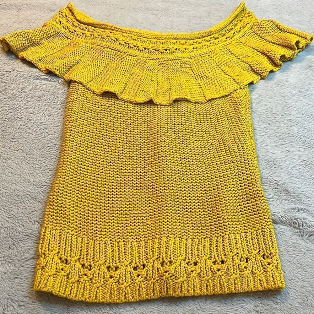 Anthropologie Mustard Yellow Crochet Ruffle Off Shoulder Sweater - Size Small